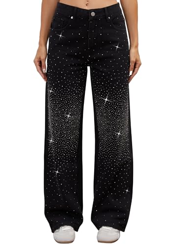 Wanduyini Rhinestone Straight Leg Jeans for Women Teen Girls Bling Loose Fit Denim Pants for Party Music Festival, Black, Medium
