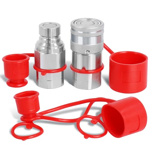 Image of 1 /2 inch NPT Flat Face Hydraulic Couplers, Skid Steer Bobcat Quick Connect Fittings with Dust Covers(ISO16028) (Red) | Quick Connect Skid Steer Fittings, Heavy-Duty Carbon Steel, Leak-Resistant Design