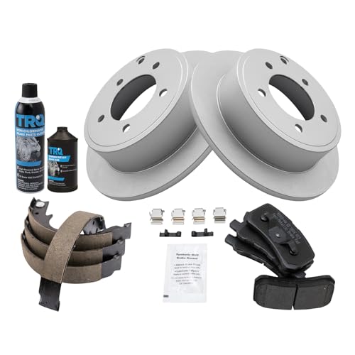 Image of TRQ Rear Brake Pad & Rotor Kit, with Chemical Kit Parking Brake Shoe Set Semi-Metallic Premium G-Coated Compatible with 2009-2014 Mitsubishi Lancer