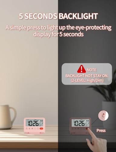 Image of Digital Travel Alarm Clock - 3.54 inch LCD Display, 9-Minute Snooze, 2 Volume Levels, Backlight, Battery Included (Pink)