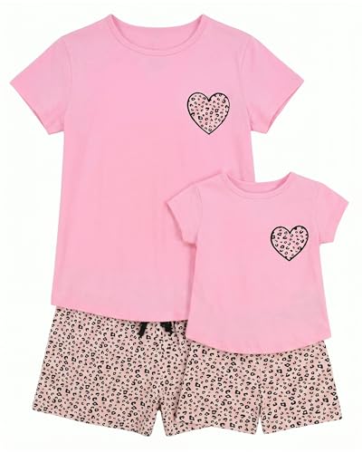 Image of Pink Cheetah Mommy and Me Outfits Matching Mom Daughter Mothers Day Clothing Shirts Shorts Set