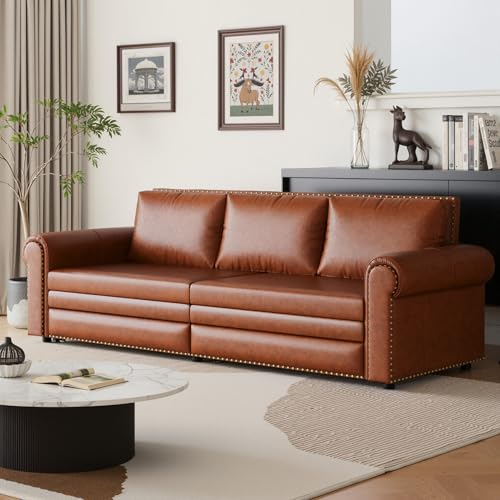 LINKHOO 93.7" King Size Pull Out Sofa Bed, 3-in-1 Convertible Sleeper Sofa with Side Storage, Folding Floor Sofa Lounge Couch, Faux Leather Loveseat Bed for Living Room, Bedroom, Office, Brown