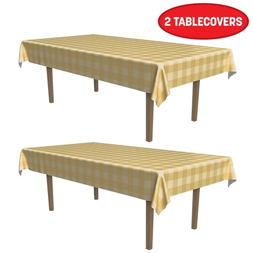 Image of Beistle Beige Cream Plaid Plastic Tablecover 54 x 108 Inch 2 Pack