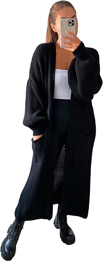 New Women Ladies Long Maxi Knitted Cardigan Balloon Sleeve