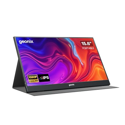 GEONIX 15.6' Portable Monitor – Full HD 1080p IPS, 100% sRGB, Ultra Slim, USB-C & HDMI, Dual Speakers, Kickstand – Compatible with Laptop, Phone,...