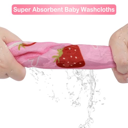 Image of Softan Baby Washcloths, 24Pack Baby Wash Cloths Extra Soft & Ultra Absorbent, Baby Towels and Face Towels for Unisex Boys Girls Body, Washclothes Gentle on Sensitive Skin, 9x9 Pink Heart Strawberries