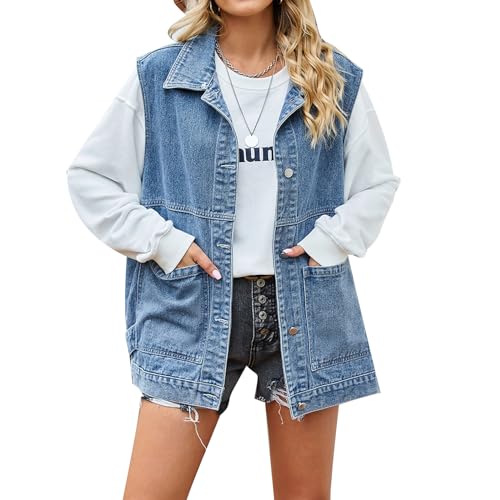 MINTLIMIT Women's Denim Vest Oversized Button Down Jean Vest Vintage Sleeveless Distressed Denim Jacket