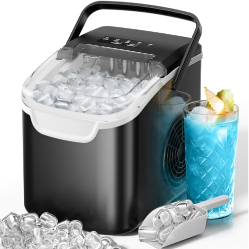 Image of Kismile Countertop Ice Maker Machine, 26Lbs /Day Fastest 6‑Min Ice, Black | 8 bullet ice in 6min, 2 sizes, energy-saving, portable mini, with handle,basket,scoop. Home /bar /RV /camping /office