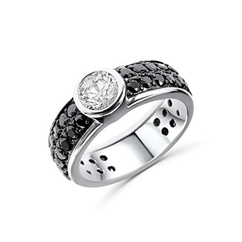 Bague solitaire argent 925 avec zircons éclatants et pierres noires serties main