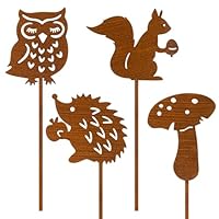 4er Gartenstecker Rost Herbstdeko, Rostoptik Gartendeko mit Metall Igel Eule Pilze Eichhörnchen, Herbst Dekoration Draußen für Garten Blumentopf Balkon Gartendeko für Draußen
