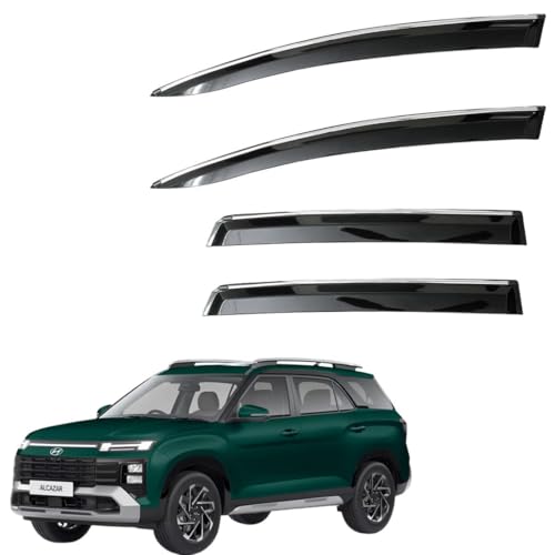 Image of CAR SAAZ Unbreakable Chrome Smoke Door Visor for Alcazar (2024-Present)| Premium Sun, Rain Wind Deflector Chrome Strip Side Door Rain Visor - Set of 4 Pcs