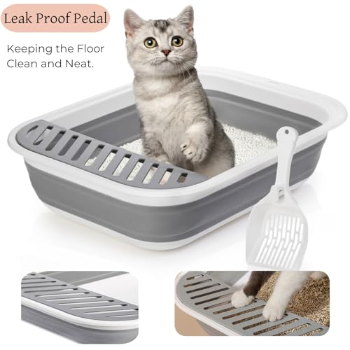 Tlence Collapsible Small Cat Litter Box, 17.7\'\' Open Foldable Kittens Potty with Scoop, Shallow Anti Splash Travel Cat Toilet, Semi Enclosed Height Adjustable Sides Litter Pan for Sick Frail Cat Grey