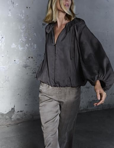 Watashi Women Puffed Bomber Jacket Loose Fit Casual Batwing Sleeve Ruffle Collar Versions Zip Front Pleated Shirts Streetwear3