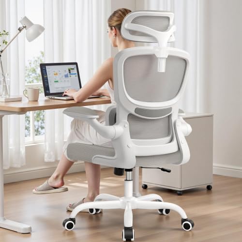 Image of BESTFAIR High Back Ergonomic Office Chair, Breathable Mesh Desk Chair with Lumbar Support, Adjustable Headrest, Flip-up Armrests, Computer Gaming Chair, (LightGray)