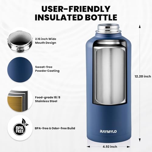 Image of RAYMYLO Insulated Water Bottle 87 oz, Triple Wall Vacuum Stainless Steel (Cold for 48 Hrs), Leak Proof & Non-BPA, Modern Water Flask Jug with Paracord Handle & Straw Spout Lids, Navy Blue