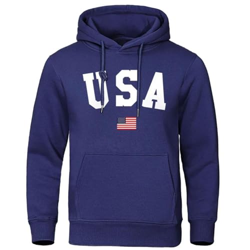 Mens Hoodie Usa Letter Printed Casual Loose Fit Men'S Sweatshirts Trendy Long Sleeve Comfort Drawstring Soft Running Athletic Breathable Streetwear Pullover Sweatshirt With Pockets Navy, L