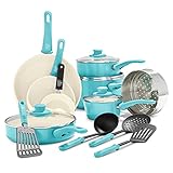 GreenLife Soft Grip Healthy Ceramic Nonstick, 16 Piece Cookware Pots and Pans Set, PFAS-Free, Dishwasher Safe, Caribbean Blue