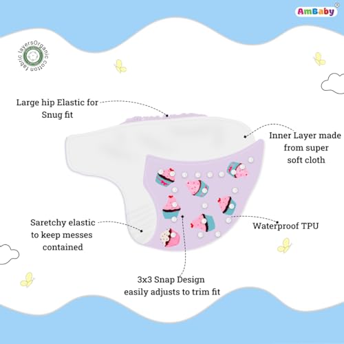 Image of Ambaby Cloth Diapers Pants Quick Dry Comfort GOTS Certified Free Size Button Adjustable, Washable And Reusable Multilayered Cotton Pads And Boosters Cup Cakes Printed