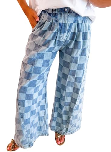 Melliflo Women's Plaid Jeans Checkered Denim Wide Leg Pants Trendy Baggy Elastic Waisted Trousers with Pockets