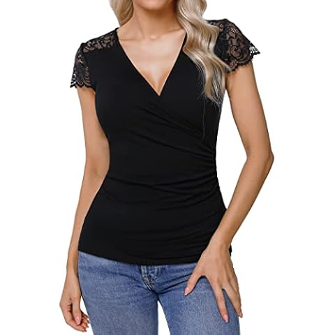 Gyabnw Camiseta Sexy Mujer Verano Camiseta Mujer Manga Corta con Cuello en V Camiseta Elegante para Mujer Elástico Tops Cover