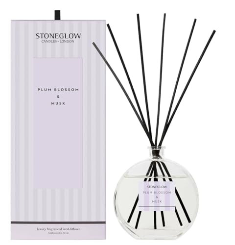 Stoneglow Modern Classics Plum Blossom & Musk Scented Reed Diffuser 460ml with Pear, Melon & Freesia, 12 Rattan Reed Diffuser Sticks, Lasts 32 Weeks, Refillable Home Fragrance