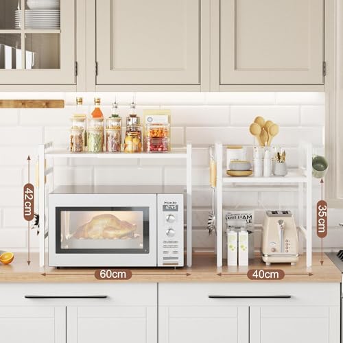 Scaffale estensibile per forno a microonde, regolabile, 40-60 cm, salvaspazio, con 6 ganci, in acciaio al carbonio resistente, ideale per organizzare piccoli elettrodomestici