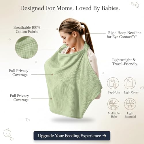 Image of Nursing Cover for Baby Breastfeeding - Breathable 100% Cotton Nursing Apron with Rigid Hoop, Privacy Cover, Lightweight Car Seat Canopy & Multi-Use Baby Essentials -Multi Color (Taupe /Khaki)