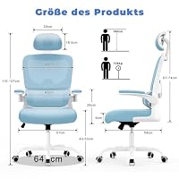 naspaluro Bürostuhl, Ergonomischer Schreibtischstuhl mit Verstellbarer Kopfstütze, Armlehnen, Dynamischer Lordosenstütze, Drehstuhl mit Atmungsaktivem Netzbezug für das Home Office,Blau – Ansicht 3