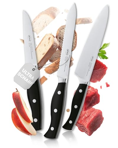 RÖSLE PURA Messerset 3-tlg. - Hochwertiges Küchenmesser Set inkl. Kochmesser, Universalmesser und Gemüsemesser, Klingenspezialstahl, ergonomische genietete Griffe, ideal für alle Schneidearbeiten