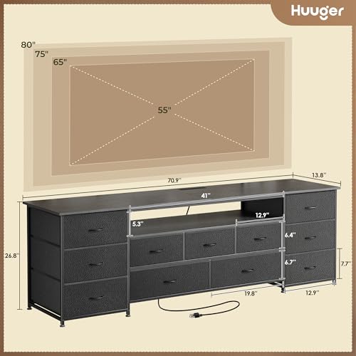 Huuger 70 Inch TV Stand for 75, 80 Inch TV, 11 Drawer Long Dresser with Power Outlets and LED Lights, Entertainment Center with Storage, Black Dresser with PU Leather Surface