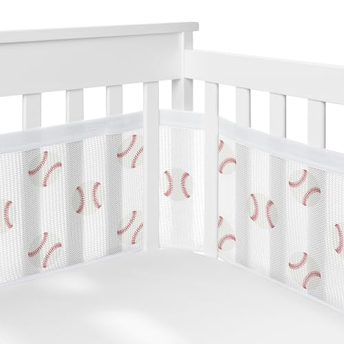 Image of Sweet Jojo Designs + BreathableBaby Red White Baseball Patch Sports Boy Breathable Mesh Crib Liner Baby and Infant - Americana Sport