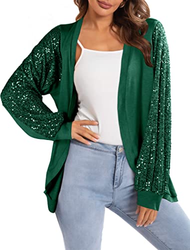 Sequin Cardigans for Women Sparkly New Year Tops Open Front Outerwear Coat Shimmer Glitter Loose Jackets Green