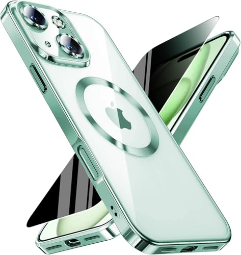 Image of Magnetic for iPhone 15 Plus Case with Privacy Screen Protector & Full Camera Cover,Compatible with MagSafe,[Non-Yellowing]Plating Soft Shockproof Clear Phone Case Women Girls for iPhone 15Plus,Green