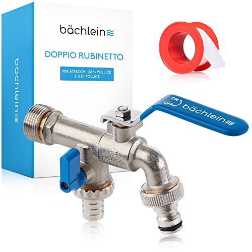 Bächlein Rubinetto Universale Doppio per il Giardino blu Inclusi 2 Raccordi per Tubi Flessibili - Valvola a Sfera di Pregiata Fattura con Attacco da 1/2 e 3/4 di Pollice