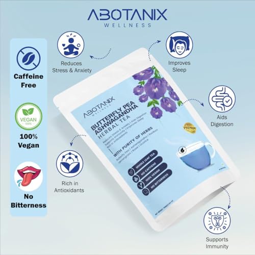 Image of ABOTANIX Butterfly Pea Herbal Tea 75g (40 Cups), Premium Ashwagandha Tea with Lemongrass, Rose, Licorice, Helps in Reducing Stress & Anxiety, Improves Sleep & Digestion, Immunity Booster, Antioxidants, Caffeine Free, No Sugar