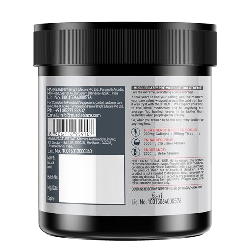 MuscleBlaze Pre Workout 200 Xtreme Powder, Berry Bolt (15 Servings, 100g) | 200mg Caffeine, 3000mg Citrulline