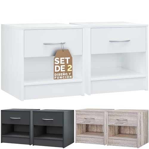 CASARIA® Mesita de Noche Juego de 2 Mesilla Dormitorio Cama Mesa Auxiliar Salón con Cajón Amplio Moderno Resistente Estable 41x39x28cm Mueble Blanco