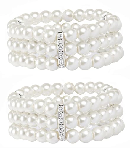 2-8Pcs 1920s Flapper Imitation Pearl Bracelet 3-Rows Stretch Bracelet Multi-Layered Elastic Bangle Bridal Wedding Jewelry Roaring 20s Accessories Jewelry