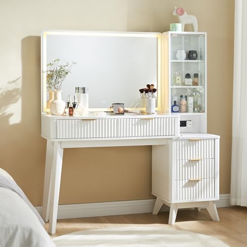 Image of T4TREAM 48 inch Fluted Makeup Vanity Desk with 36 inch Lighted Mirror, White