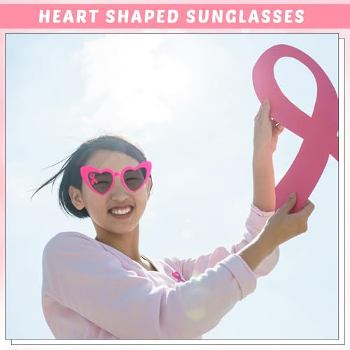 Konohan 4 Pack Pink Ribbon Sunglasses for Women Love Heart Shaped Sunglasses Breast Cancer Awareness Accessories 5
