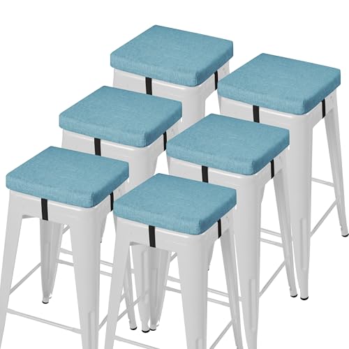 Image of AddGrace Anti-Slip Bar Stool Cushions Square Bar Stool Seat Cushions with Ties Set of 6 Small Square Chair Pads with Machine Washable Cover 12 inchX12 inchX2 inch (Light Blue)