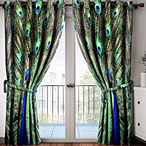 curtain collection 3D Peacock Feather Digital Printed Polyester Fabric Green Curtains for Living Room Kids Room Window/Door/Long Door Pack of -1 dn-SE294-image-3