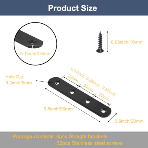 Image of 8 Pcs Black Flat Bracket 4 Inch Stainless Steel Straight Braces, Mending Plates Repair Fixing Brackets Heavy Duty Straight Repair Joining Plates with Screws
