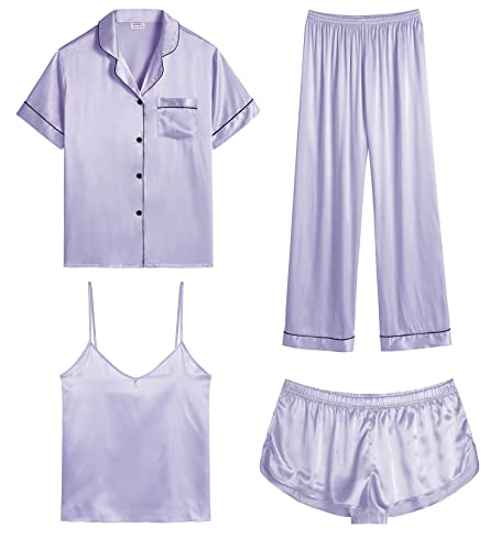 Image of SWOMOG Womens Silk Satin Pajamas Sets 4pcs Sleepwear Sexy Cami Shorts Set and Button Down Short Sleeve Pjs Loungewear Lavender X-Large
