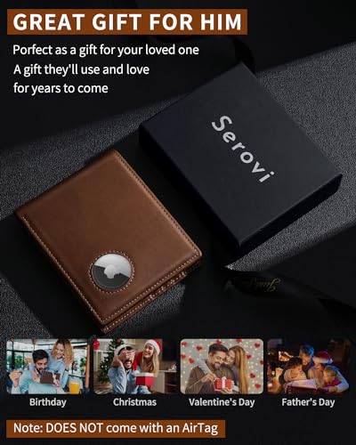 Image of AirTag Wallet for Men Genuine Leather Bifold Wallet with AirTag Holder RFID Blocking Wallet With 2 ID Window and 12 Cards Holders Gift Box (Airtag Not included) (Caramel Brown)