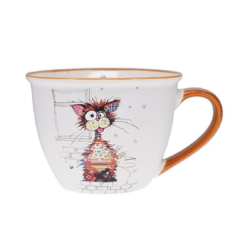 KIUB - Cuenco timbal con asa, diseño de gato grande y marrón estilizado llamado Ziggy, material porcelana fina, capacidad 550 ml