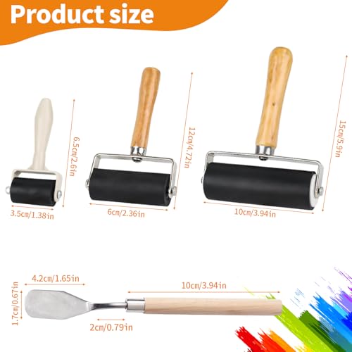 LZYDKH 3 Stücke Linoldruck Set, Andrückrolle mit 1 Schaber Dauerhaft Gummiwalze Andrückwalze für Druckgrafiken Stempeln Drucken Tinten Tapeten und Kunsthandwerk(3.5cm,6cm,10cm)
