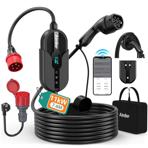 AIMILER Cargador de Coche Eléctrico APP 11kW 400V Trifásico (8-16A)con Pantalla OLED-7,6M Cargador Vehículo Eléctrico Portátil/de Pared con Cable Tipo 2 Compatible con Tesla Model Y/3 y Otros EV/PHEV
