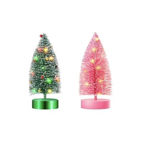 Varmax Mini Christmas Tree with Lights Prelit Christmas Tree Tabletop Tree Bottle Brush Trees 9.4‘’, Green, Pink Cover