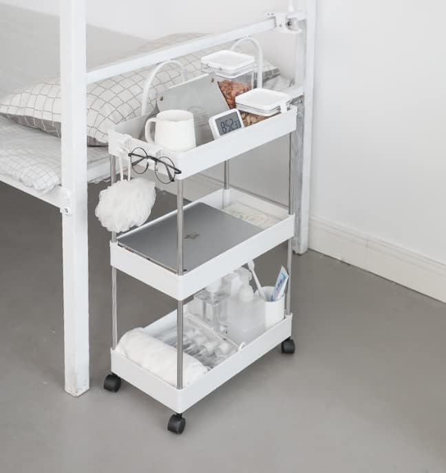 Miniatura 8 de Carrito rodante, carrito de almacenamiento delgado de 3 niveles con 4 ganchos y ruedas, unidad de estantería móvil, organizador de baño, carrito